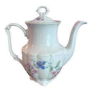 Walbrzych Poland Teapot White Pink Blue Flowers Vines Ribbed